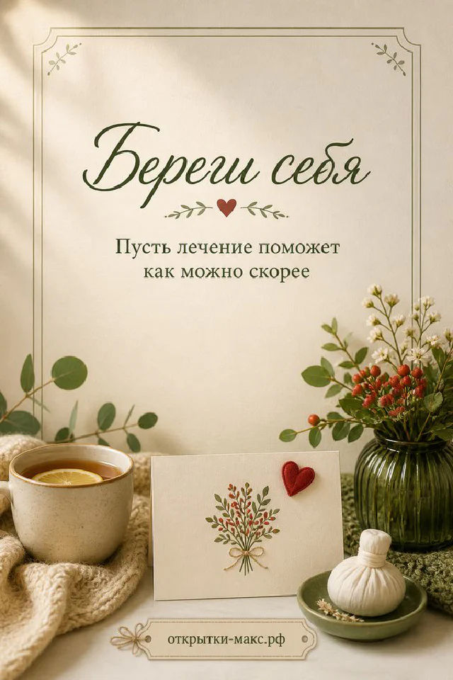 Чашка ромашкового чая, зелёные листья и красное сердечко на кремовом фоне с надписью Береги себя — вариант 2