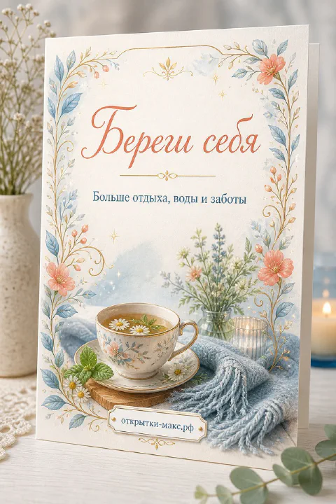 Открытка «Береги себя» с чашкой ромашкового чая, акварельным букетом и свечой на белом фоне