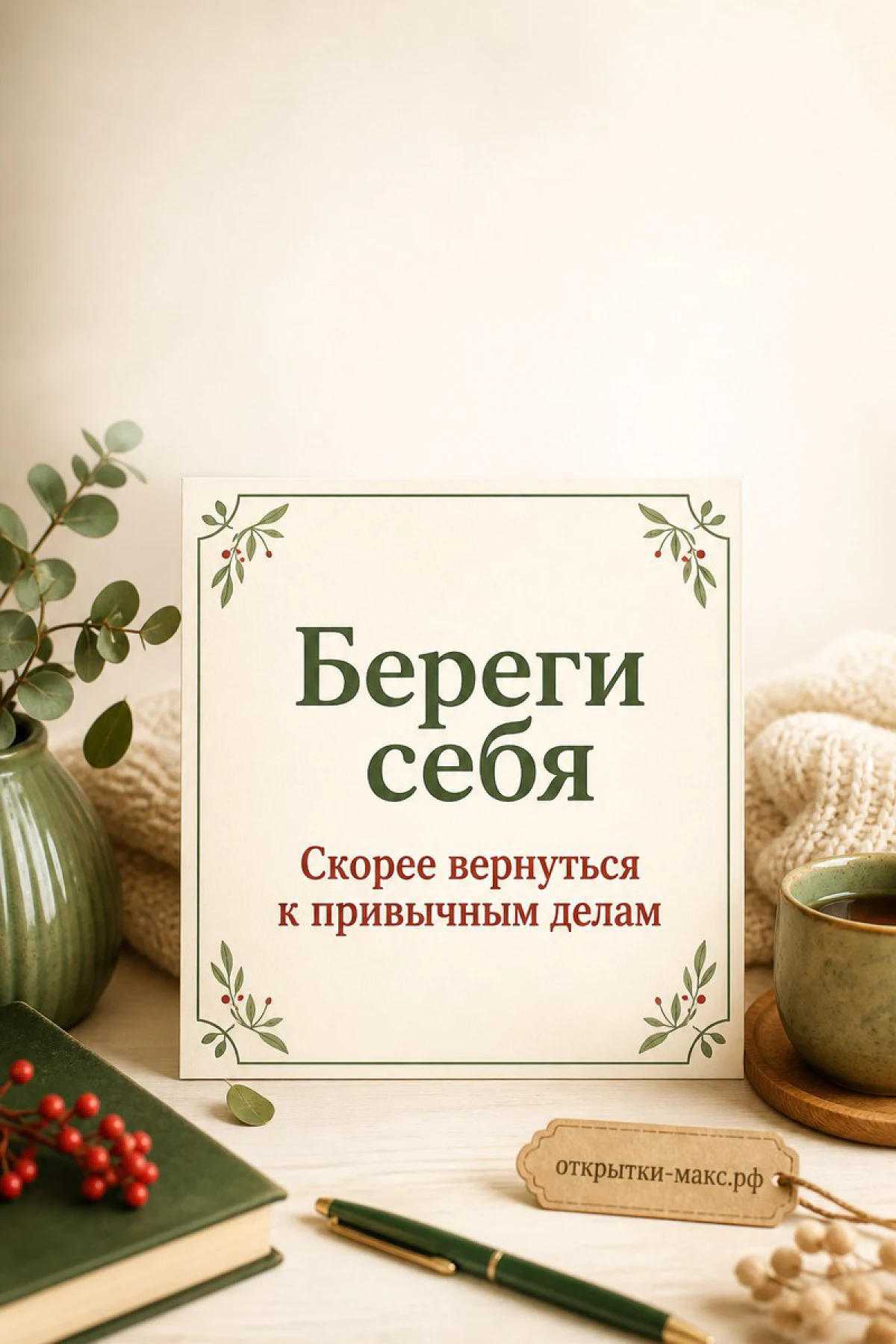 Открытка «Береги себя» с зелёным декором на фоне стола с чашкой чая и книгой