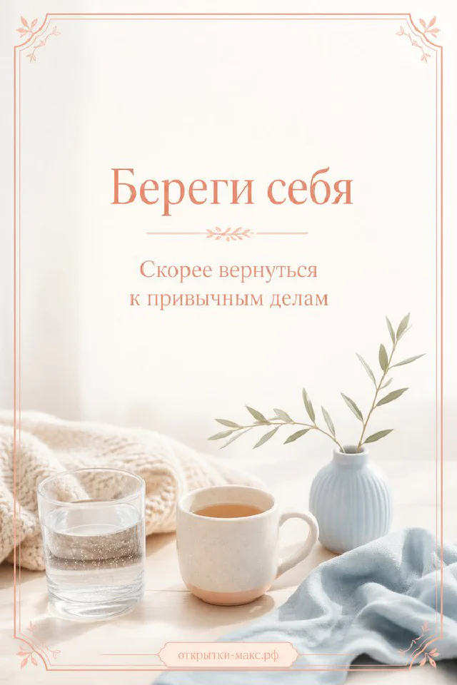 Открытка «Береги себя» с зелёным декором на фоне стола с чашкой чая и книгой — вариант 3