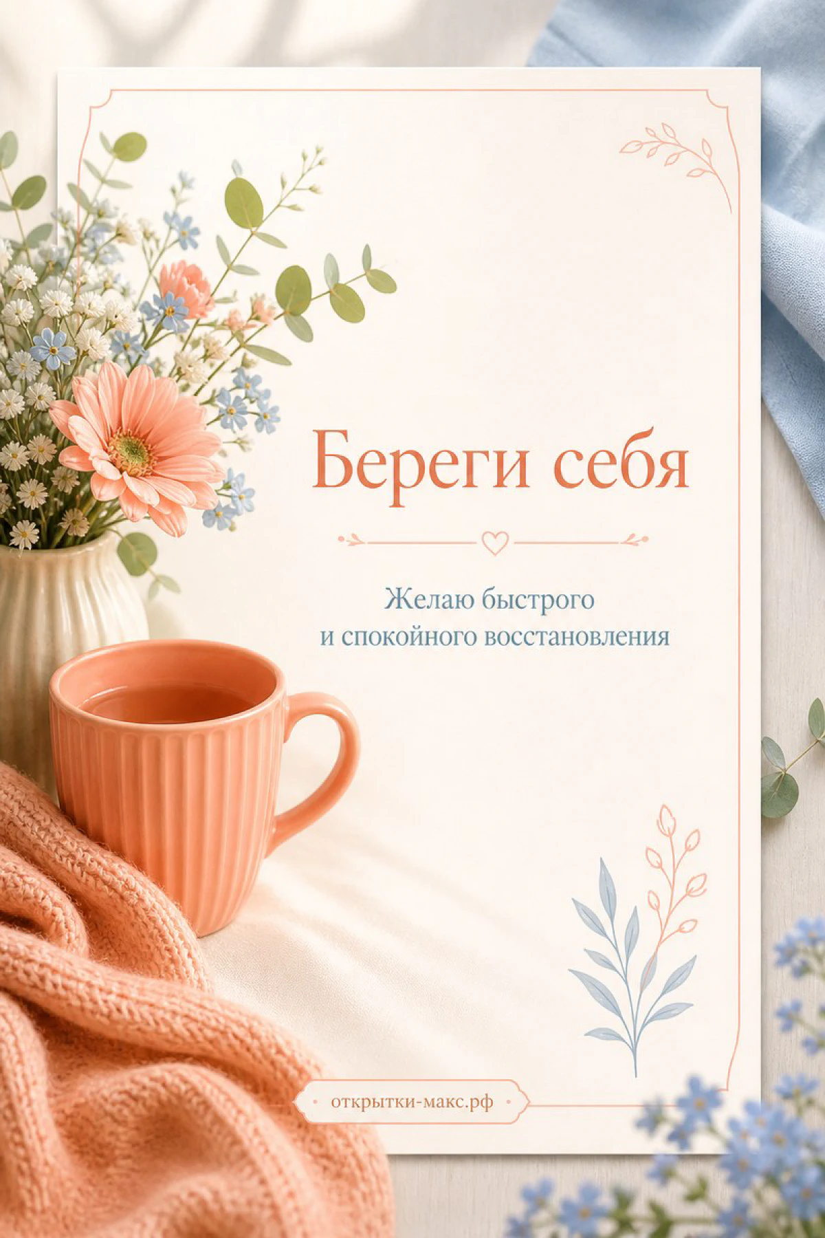 Розовая кружка с чаем, плед и букет с гербером на светлом фоне с надписью Береги себя