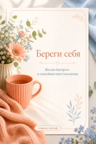 Розовая кружка с чаем, плед и букет с гербером на светлом фоне с надписью Береги себя