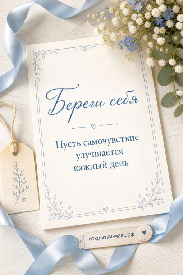 Белая открытка с листьями эвкалипта на пастельном фоне с надписью «Береги себя» — вариант 2