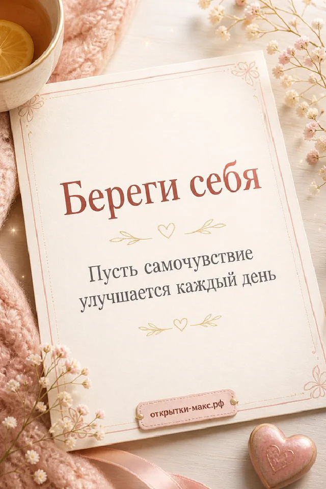 Белая открытка с листьями эвкалипта на пастельном фоне с надписью «Береги себя» — вариант 3