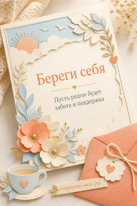 Открытка с чашкой кофе, бумажными цветами и конвертом на кремовом фоне с надписью Береги себя