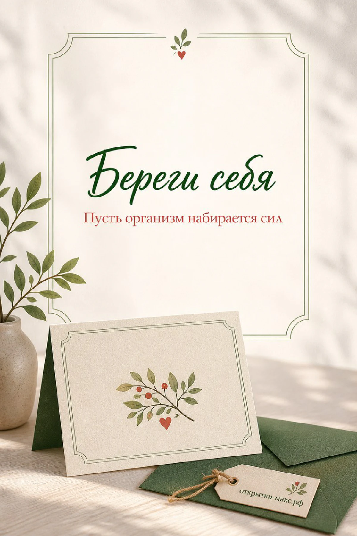 Открытка «Береги себя» с ветвью ягод и зелёным конвертом на светлом фоне