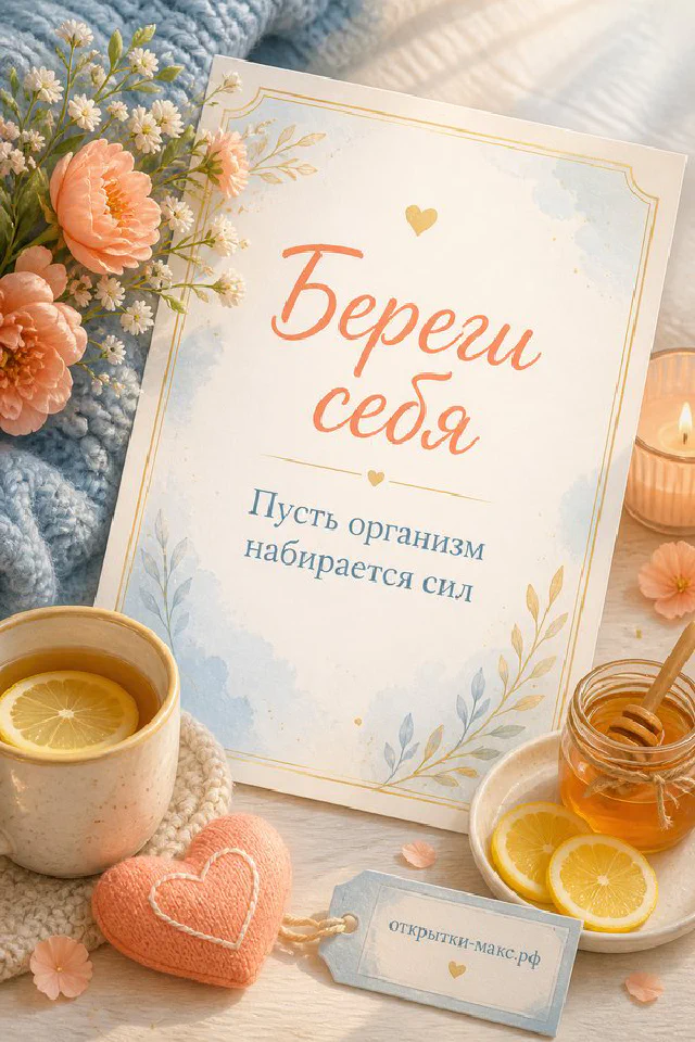 Открытка «Береги себя» с ветвью ягод и зелёным конвертом на светлом фоне — вариант 3