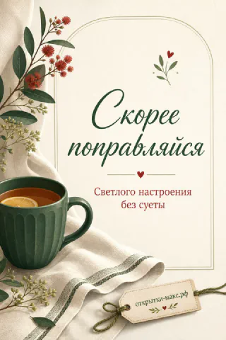 Зелёная кружка чая с лимоном и красными ягодами на ветках, надпись Скорее поправляйся