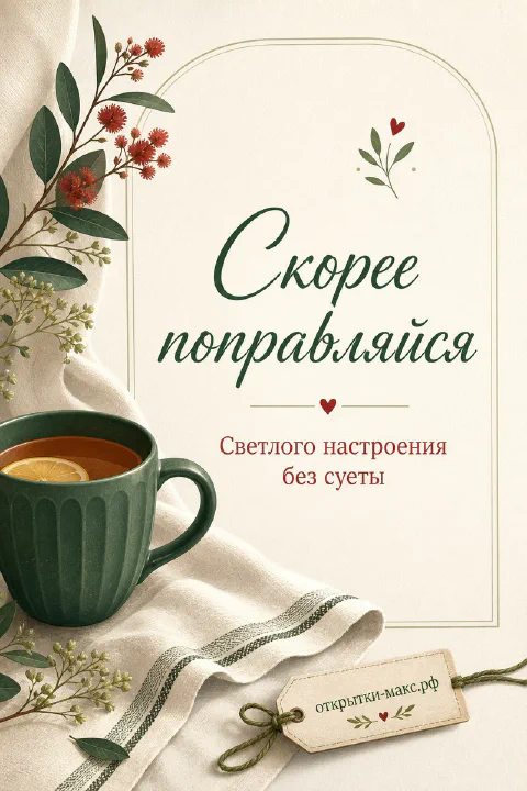 Зелёная кружка чая с лимоном и красными ягодами на ветках, надпись Скорее поправляйся