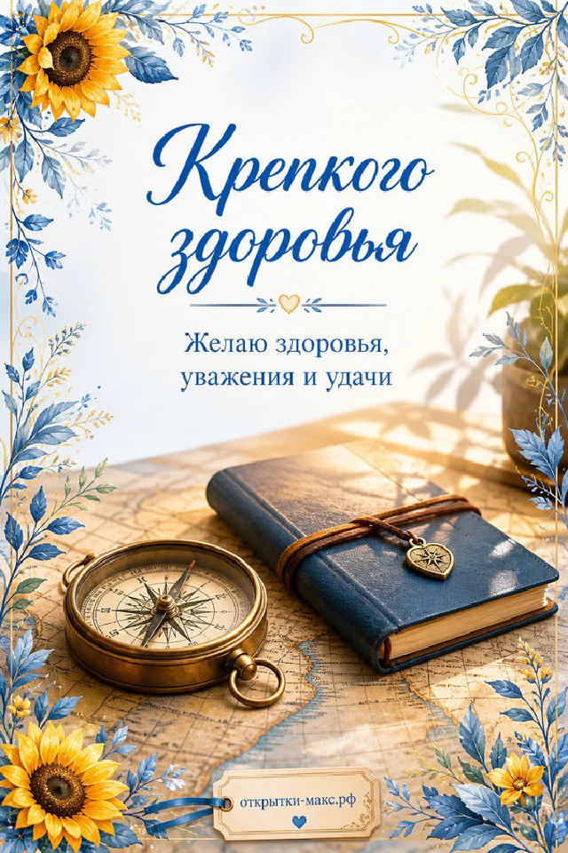 Синий блокнот с золотым компасом, карта и подсолнух с надписью Крепкого здоровья — вариант 2