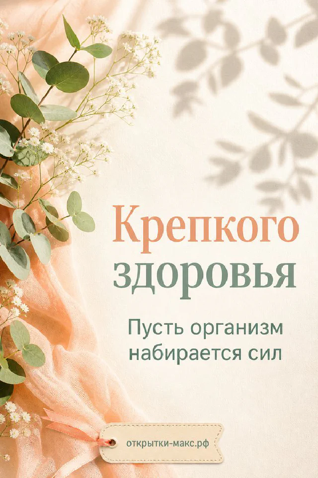 Кремовая открытка с арочной формой и объёмными белыми цветами, надпись «Крепкого здоровья» — вариант 2
