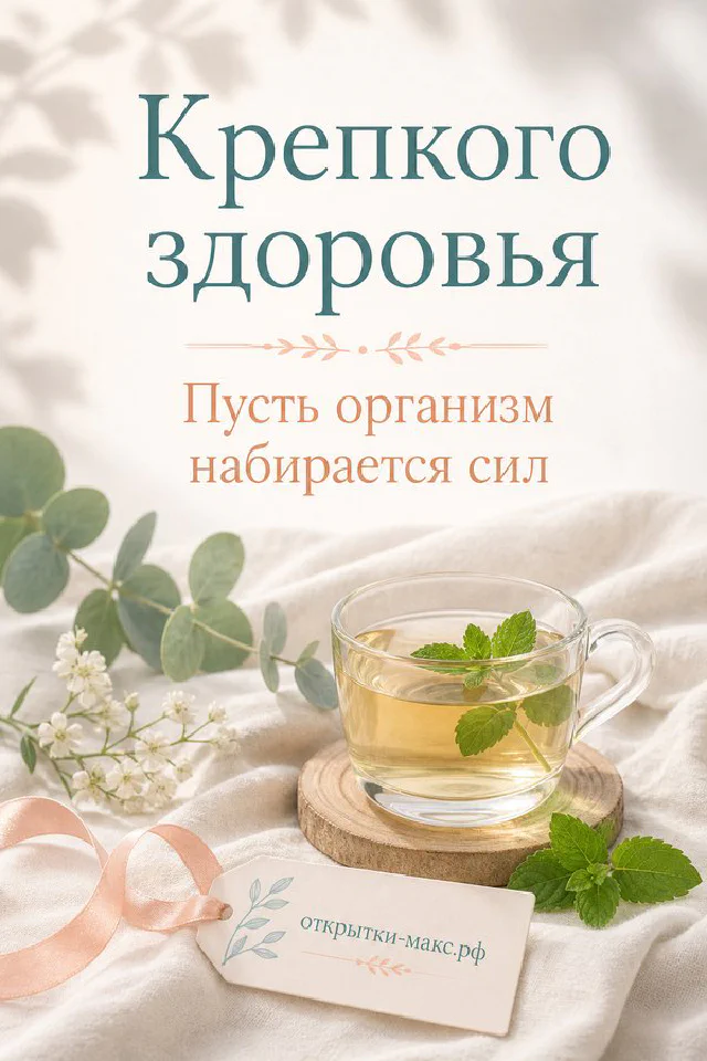 Кремовая открытка с арочной формой и объёмными белыми цветами, надпись «Крепкого здоровья» — вариант 3