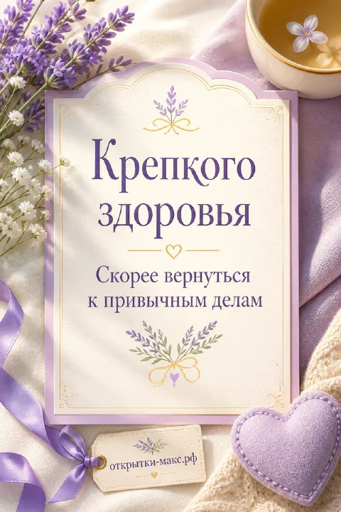Открытка с букетом лаванды, лиловым сердечком и чашкой чая на белом кружевном фоне