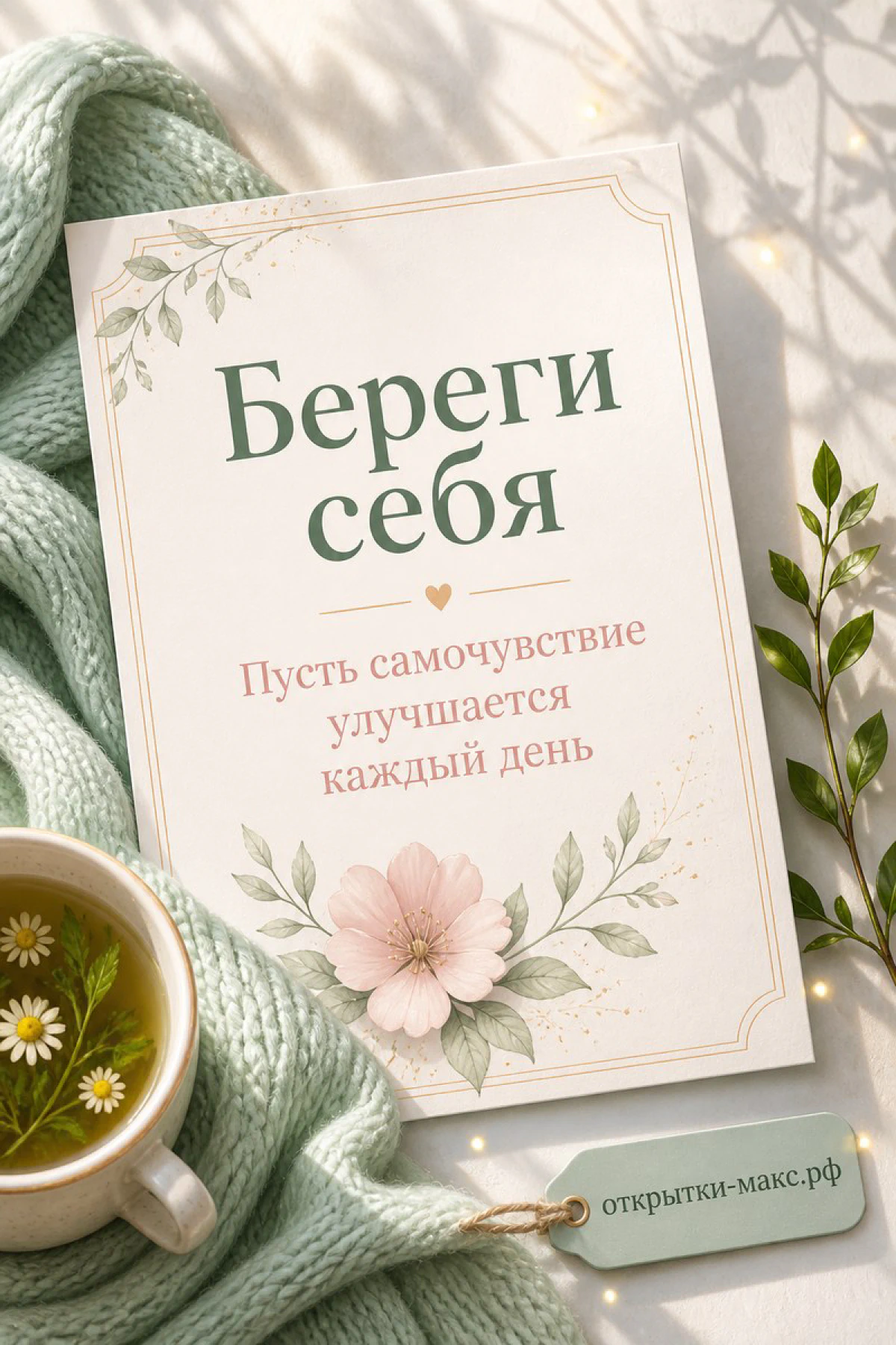 Мягкий плед, травяной чай и чистое поле для пожелания здоровья