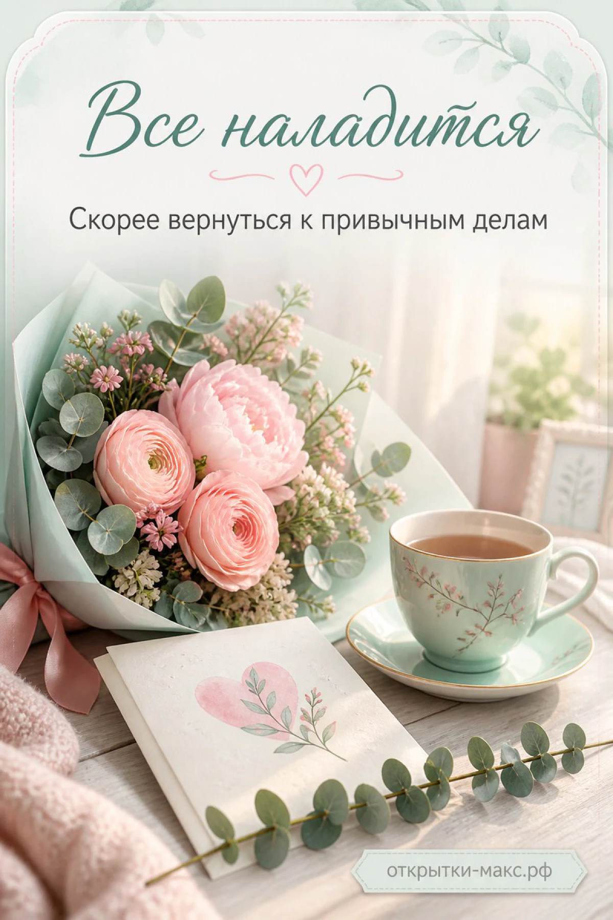Открытая бумажная открытка с добрыми словами рядом с чашкой чая