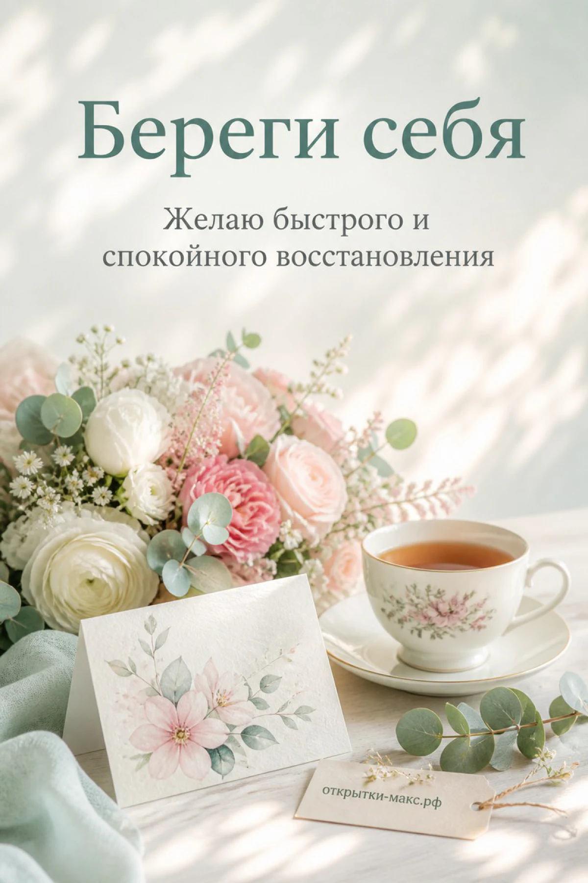 Открытая бумажная открытка с добрыми словами рядом с чашкой чая