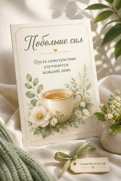 Нежная открытка с кремовой чашкой чая и белыми цветами на светлом фоне с зелёным ботаническим орнаментом