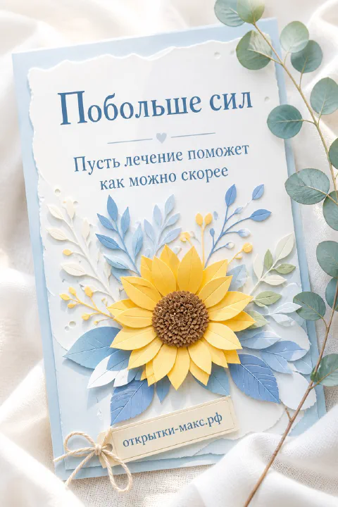 Бумажная открытка с крупным жёлтым подсолнухом и голубыми листьями на белом фоне с надписью Побольше сил
