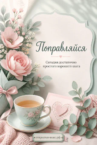 Чашка чая с блюдцем, розовые розы и открытка с сердечком на светлом фоне с надписью Поправляйся