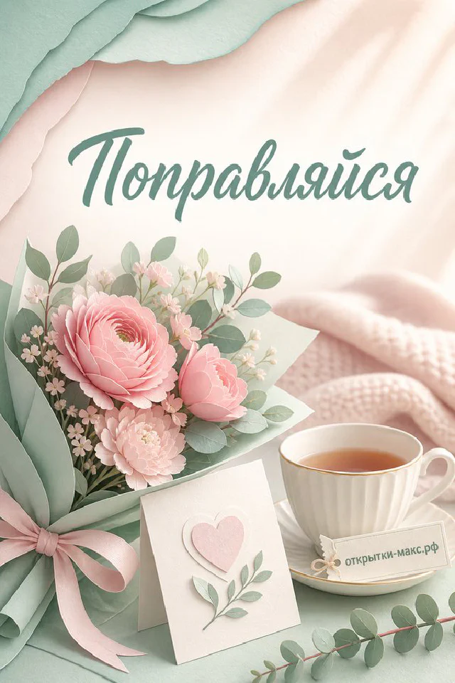 Бумажные розовые пионы, чашка с чаем и конверт с сердечком на светлом фоне — открытка «Поправляйся» — вариант 3