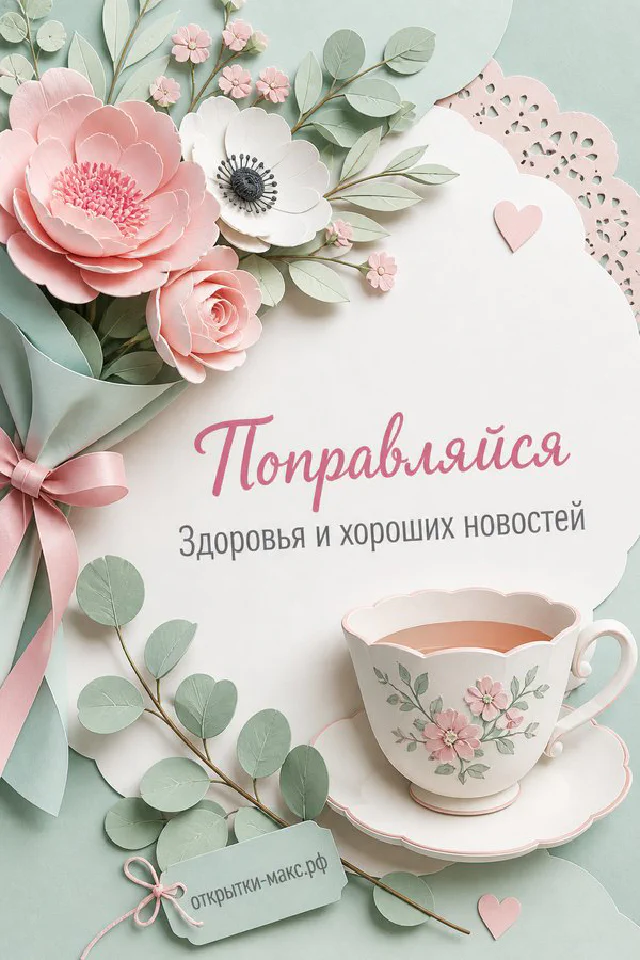 Открытка «Поправляйся» с розовыми пионами, чашкой чая и сердечком в нежной рамке — вариант 2