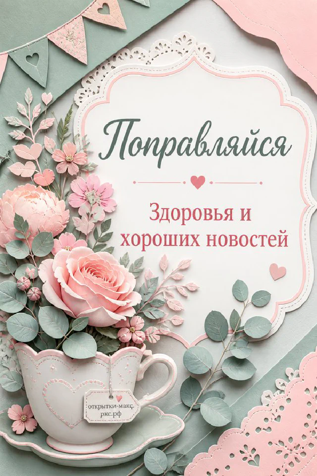 Открытка «Поправляйся» с розовыми пионами, чашкой чая и сердечком в нежной рамке — вариант 3