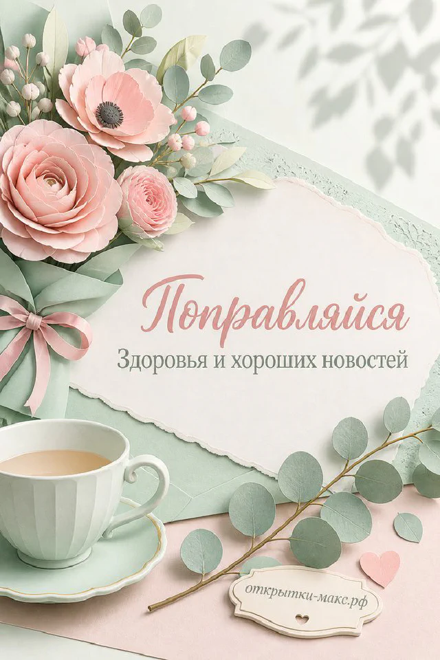Открытка «Поправляйся» с розовыми пионами, чашкой чая и сердечком в нежной рамке — вариант 4