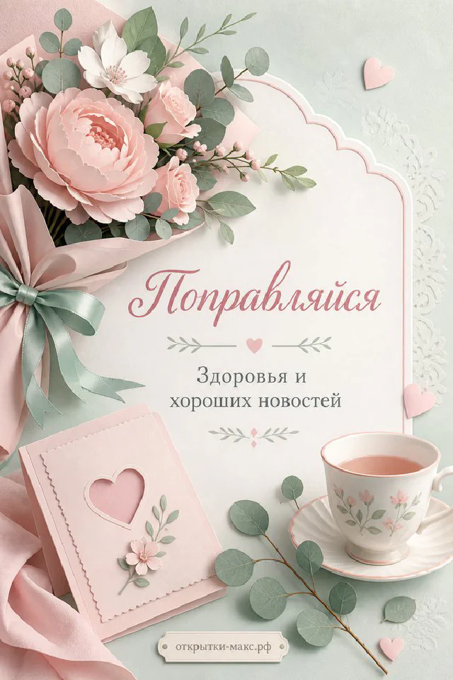 Открытка «Поправляйся» с розовыми пионами, чашкой чая и сердечком в нежной рамке — вариант 5