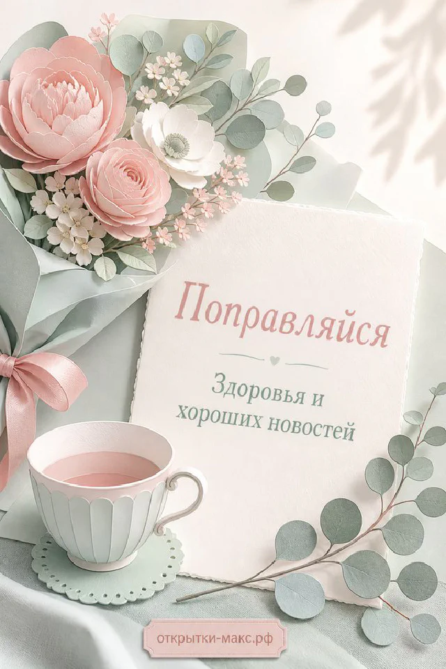 Открытка «Поправляйся» с розовыми пионами, чашкой чая и сердечком в нежной рамке — вариант 8