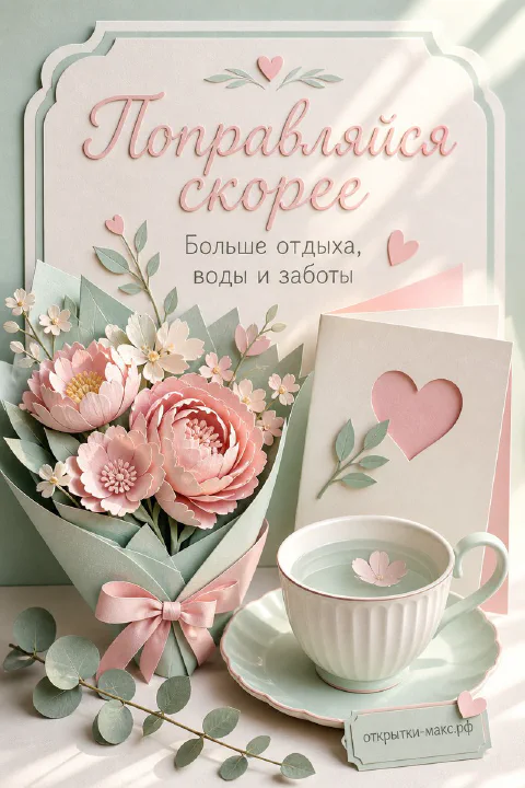 Бумажный розовый букет, чашка чая и карточка с сердечком с надписью Поправляйся скорее