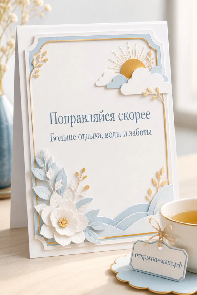 Бумажный розовый букет, чашка чая и карточка с сердечком с надписью Поправляйся скорее — вариант 2