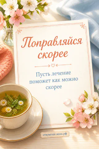 Белая чашка ромашкового чая и розовые цветы сакуры на светлом фоне с надписью Поправляйся скорее