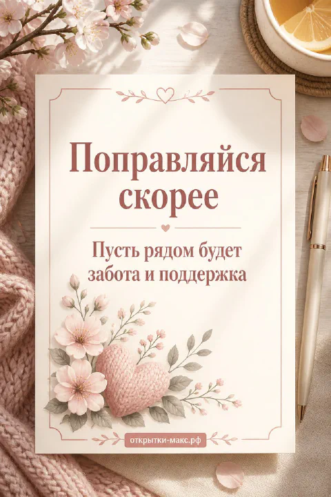 Открытка с вязаным розовым сердечком среди розовых цветов и листьев на кремовом фоне с надписью Поправляйся скорее