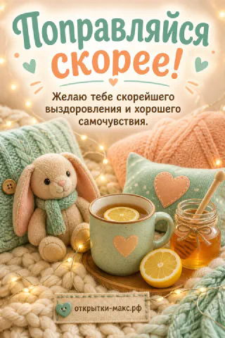 Плюшевый зайчик рядом с чашкой чая с лимоном и баночкой мёда на вязаном пледе с гирляндой