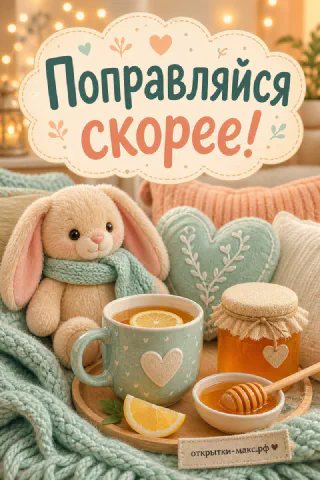 Плюшевый зайчик в шарфике рядом с чашкой чая с лимоном и баночкой мёда с надписью «Поправляйся скорее»
