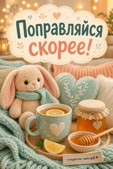 Плюшевый зайчик в шарфике рядом с чашкой чая с лимоном и баночкой мёда с надписью «Поправляйся скорее»