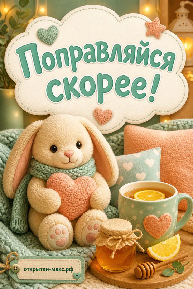 Плюшевый зайчик в шарфике рядом с чашкой чая с лимоном и баночкой мёда с надписью «Поправляйся скорее» — вариант 2