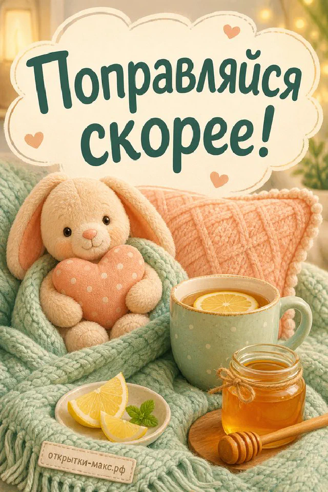 Плюшевый зайчик в шарфике рядом с чашкой чая с лимоном и баночкой мёда с надписью «Поправляйся скорее» — вариант 3