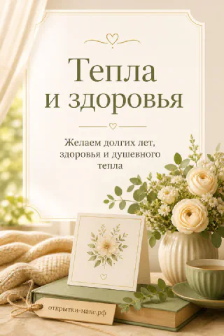 Белые розы в вазе, книга с открыткой и чашка на светлом столе у окна с надписью Тепла и здоровья
