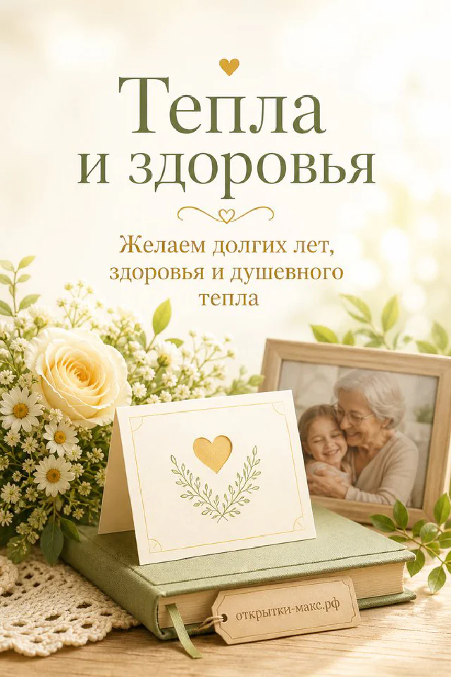 Белые розы в вазе, книга с открыткой и чашка на светлом столе у окна с надписью Тепла и здоровья — вариант 2