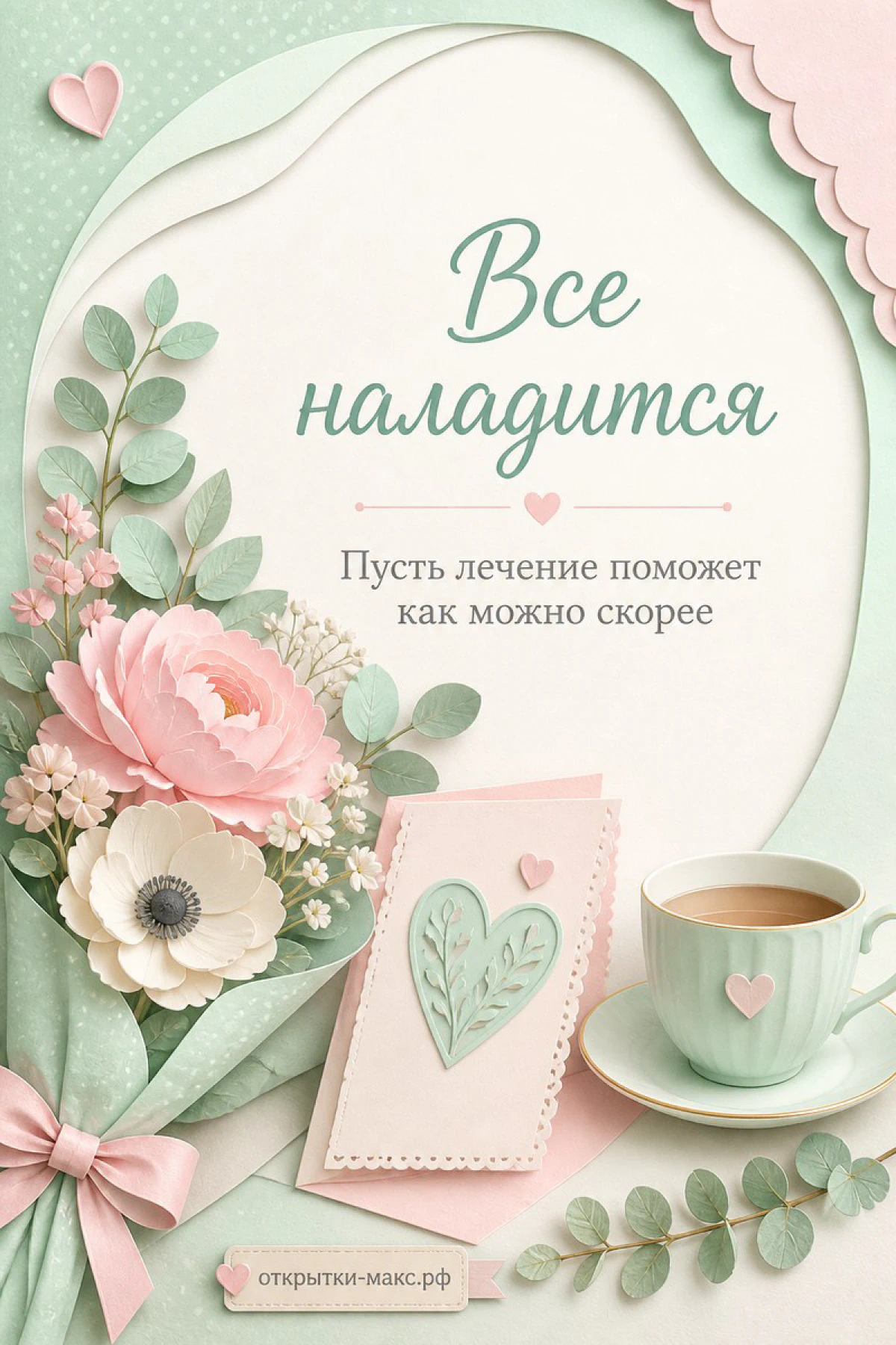 Открытка с букетом розовых пионов, мятной чашкой кофе и бумажным сердцем на зелёном фоне