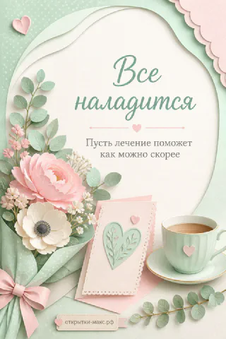 Открытка с букетом розовых пионов, мятной чашкой кофе и бумажным сердцем на зелёном фоне
