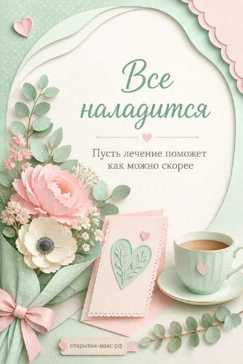 Открытка с букетом розовых пионов, мятной чашкой кофе и бумажным сердцем на зелёном фоне