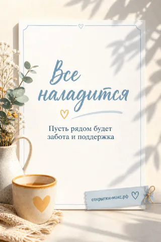 Светлая открытка с белой вазой полевых цветов и кофейной кружкой с сердечком на солнечном фоне