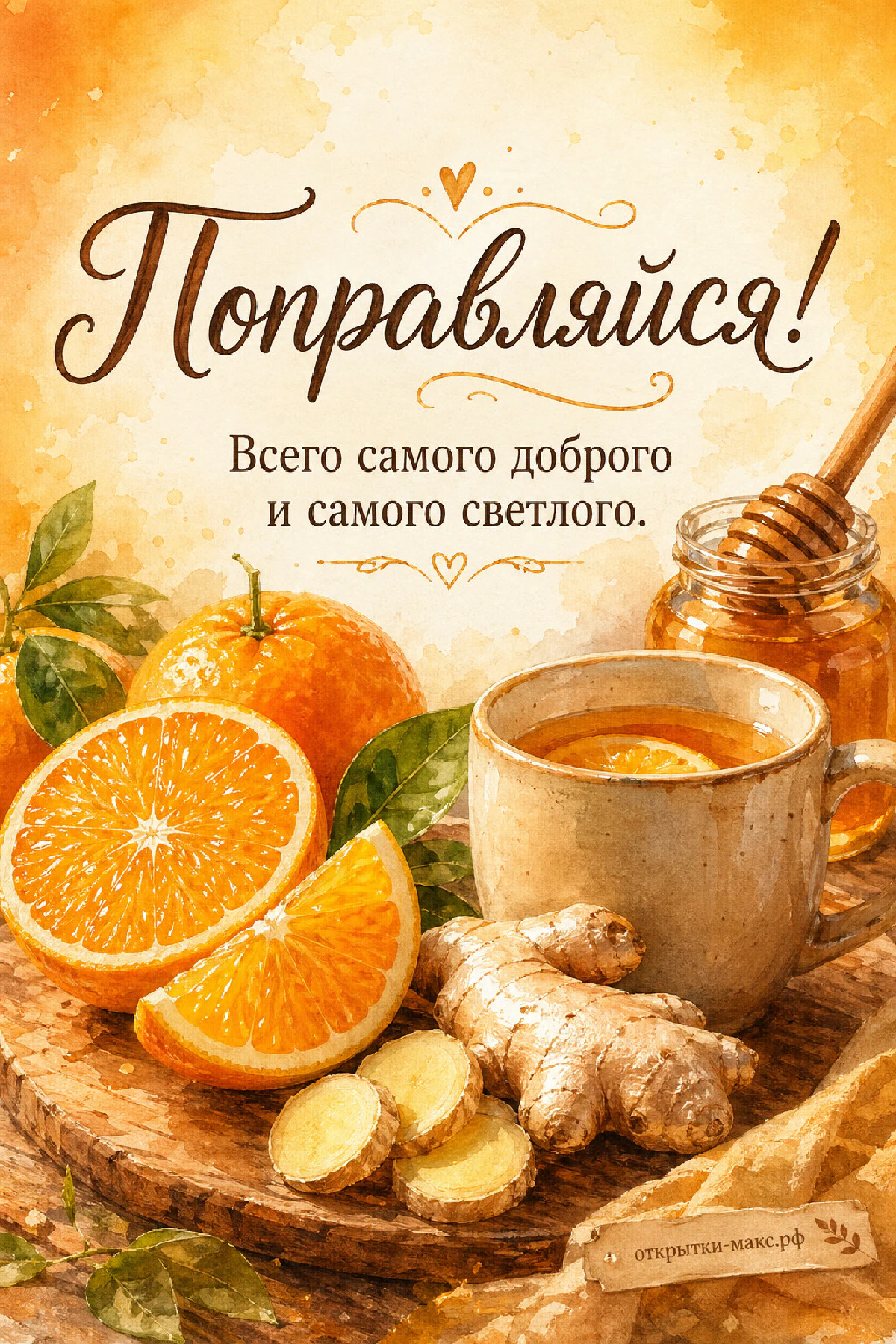 Акварельные апельсины разрезанные и целые, корень имбиря, банка мёда с медовуркой и керамическая чашка чая на деревянном подносе