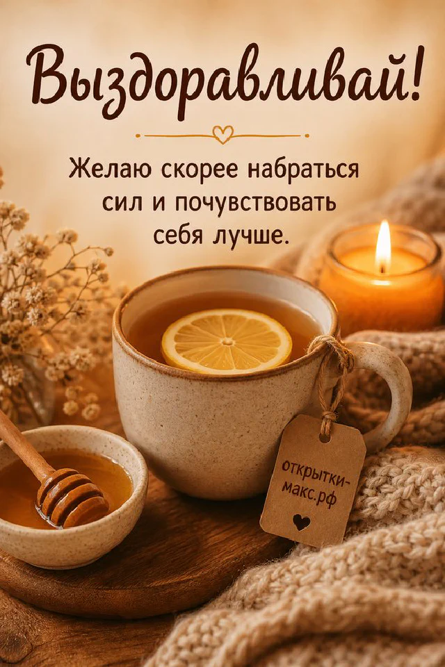 Кружка чая с лимоном, баночка мёда и свеча на деревянном подносе с вязаным пледом, открытка Выздоравливай — вариант 2