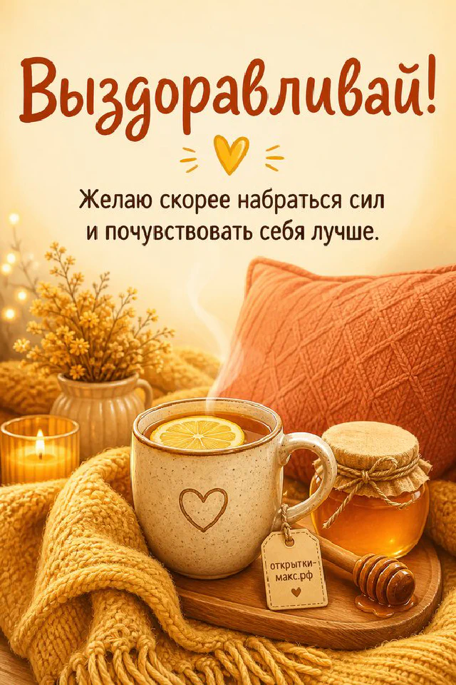 Кружка чая с лимоном, баночка мёда и свеча на деревянном подносе с вязаным пледом, открытка Выздоравливай — вариант 4