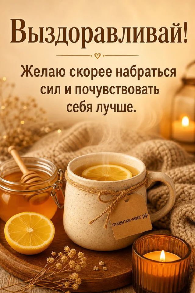 Кружка чая с лимоном, баночка мёда и свеча на деревянном подносе с вязаным пледом, открытка Выздоравливай — вариант 5