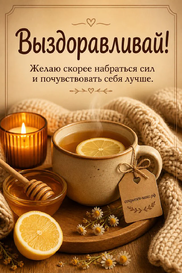 Кружка чая с лимоном, баночка мёда и свеча на деревянном подносе с вязаным пледом, открытка Выздоравливай — вариант 6
