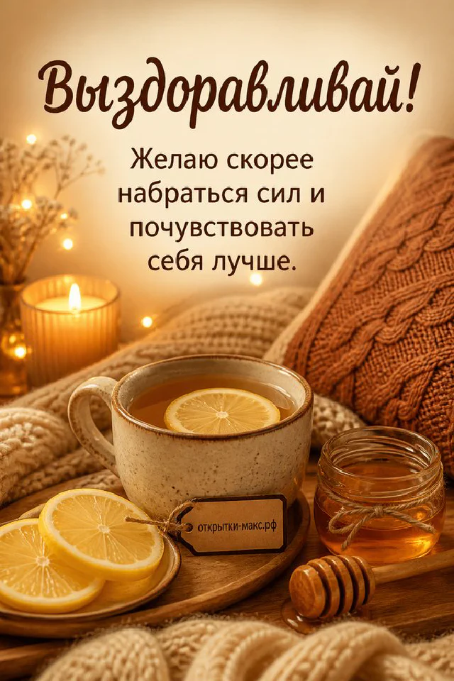 Кружка чая с лимоном, баночка мёда и свеча на деревянном подносе с вязаным пледом, открытка Выздоравливай — вариант 7